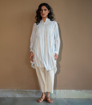 BLUE STRIPED WOVEN COTTON PINTUCK TUNIC