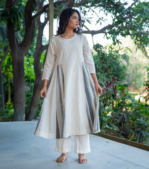 WOVEN COTTON PANELLED KURTA SET WITH PANTS & SCARF