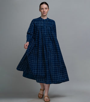 Indigo Checked Gathered Dress