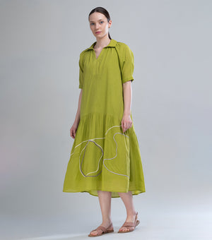 Lime Cotton Piping Detail Midi Dress