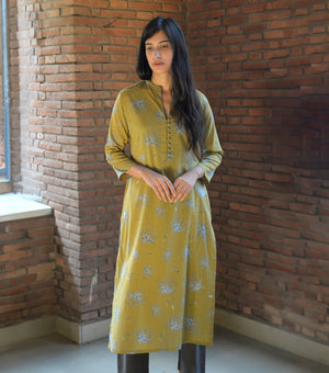 Mustard Printed Cotton Kurta