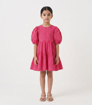 Magenta Woven Cotton Dress For Girls