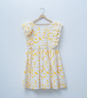 White Yellow Cotton Printed Dress for Girls