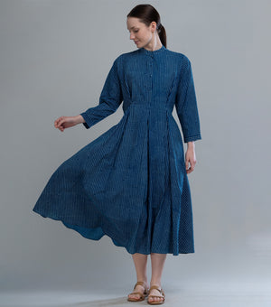 Indigo Stripe Pintuck Dress