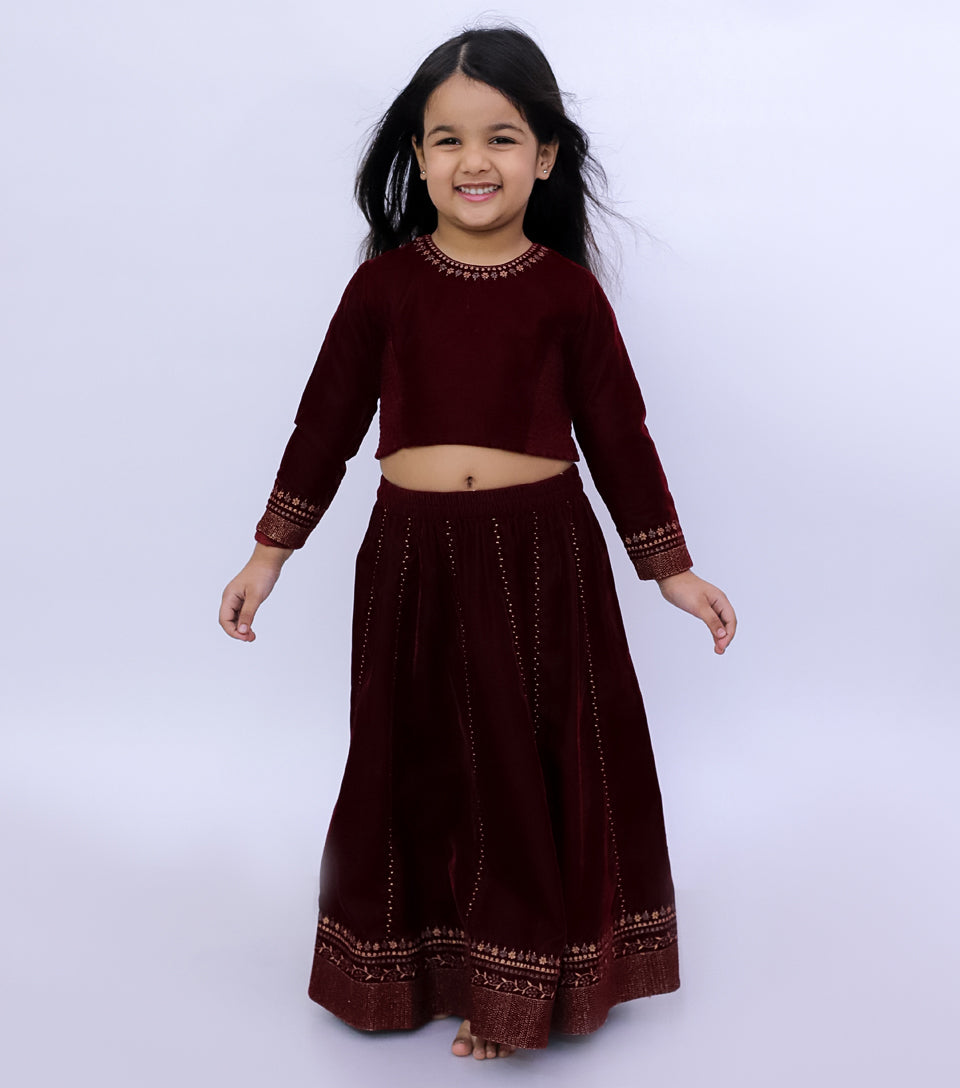 Maroon Zari Embroidered Lehenga Set with Blouse & Dupatta for Girls