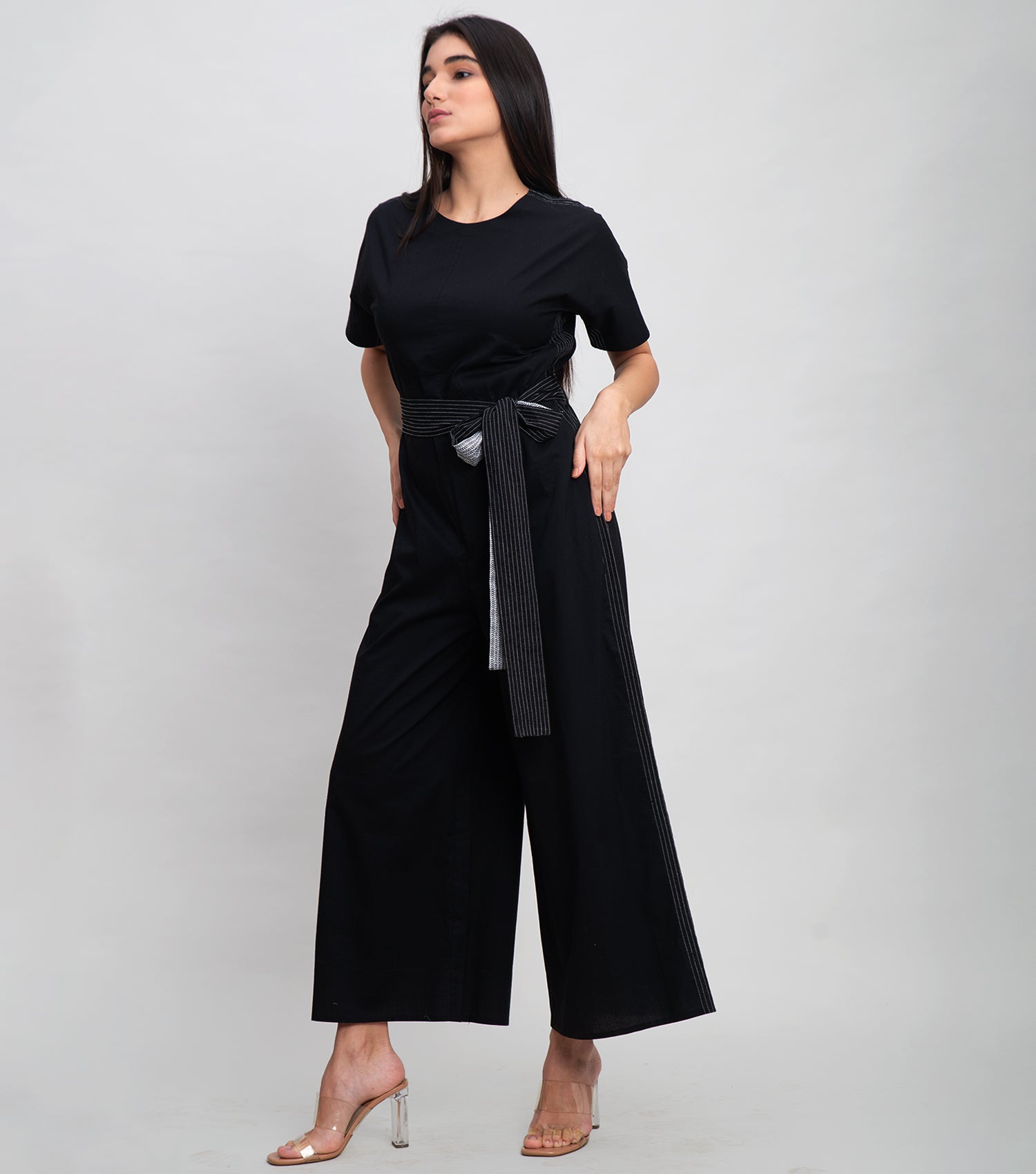 Black Cotton Jumpsuit With Stitch Line Detail