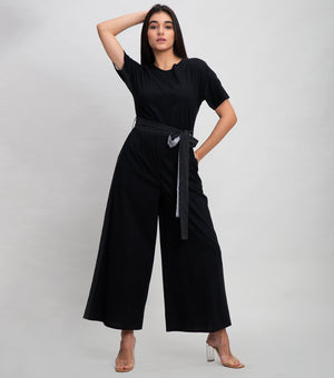 Black Cotton Jumpsuit With Stitch Line Detail