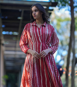 Rust Printed Cotton Pleated Shirt Dress