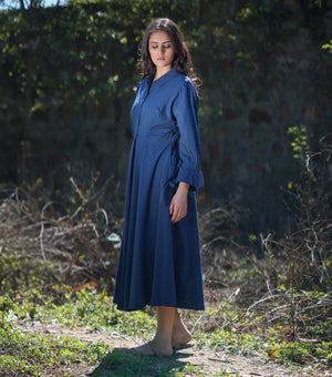 Navy Woven Cotton Midi Shirt Dress