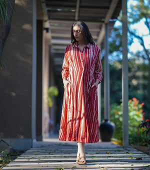 Rust Printed Cotton Pleated Shirt Dress
