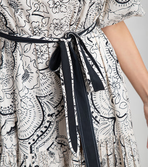 White Black Cotton Printed Button Down Maxi With Belt & Puff Sleeve