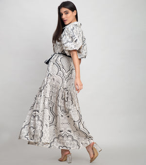 White Black Cotton Printed Button Down Maxi With Belt & Puff Sleeve