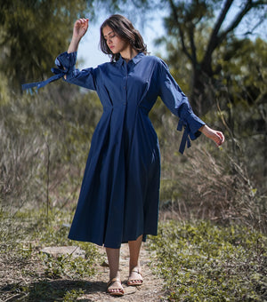 Navy Woven Cotton Midi Shirt Dress