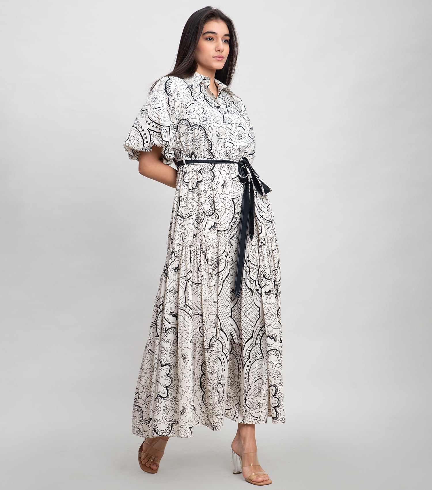 White Black Cotton Printed Button Down Maxi With Belt & Puff Sleeve