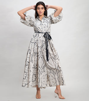 White Black Cotton Printed Button Down Maxi With Belt & Puff Sleeve