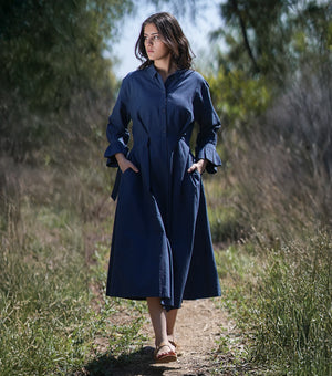 Navy Woven Cotton Midi Shirt Dress