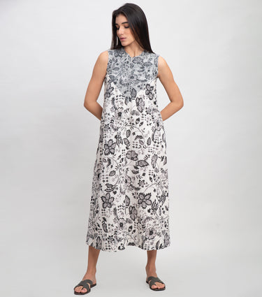 White Black Cotton Printed Midi Dress With Thread Embroidery On Yoke