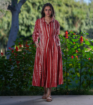 Rust Printed Cotton Pleated Shirt Dress