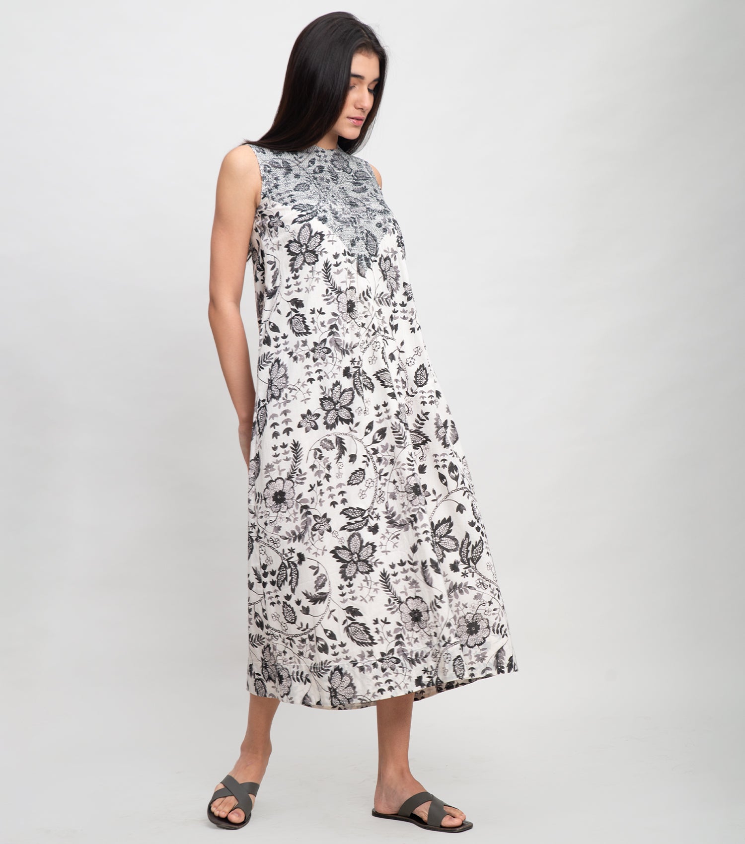 White Black Cotton Printed Midi Dress With Thread Embroidery On Yoke