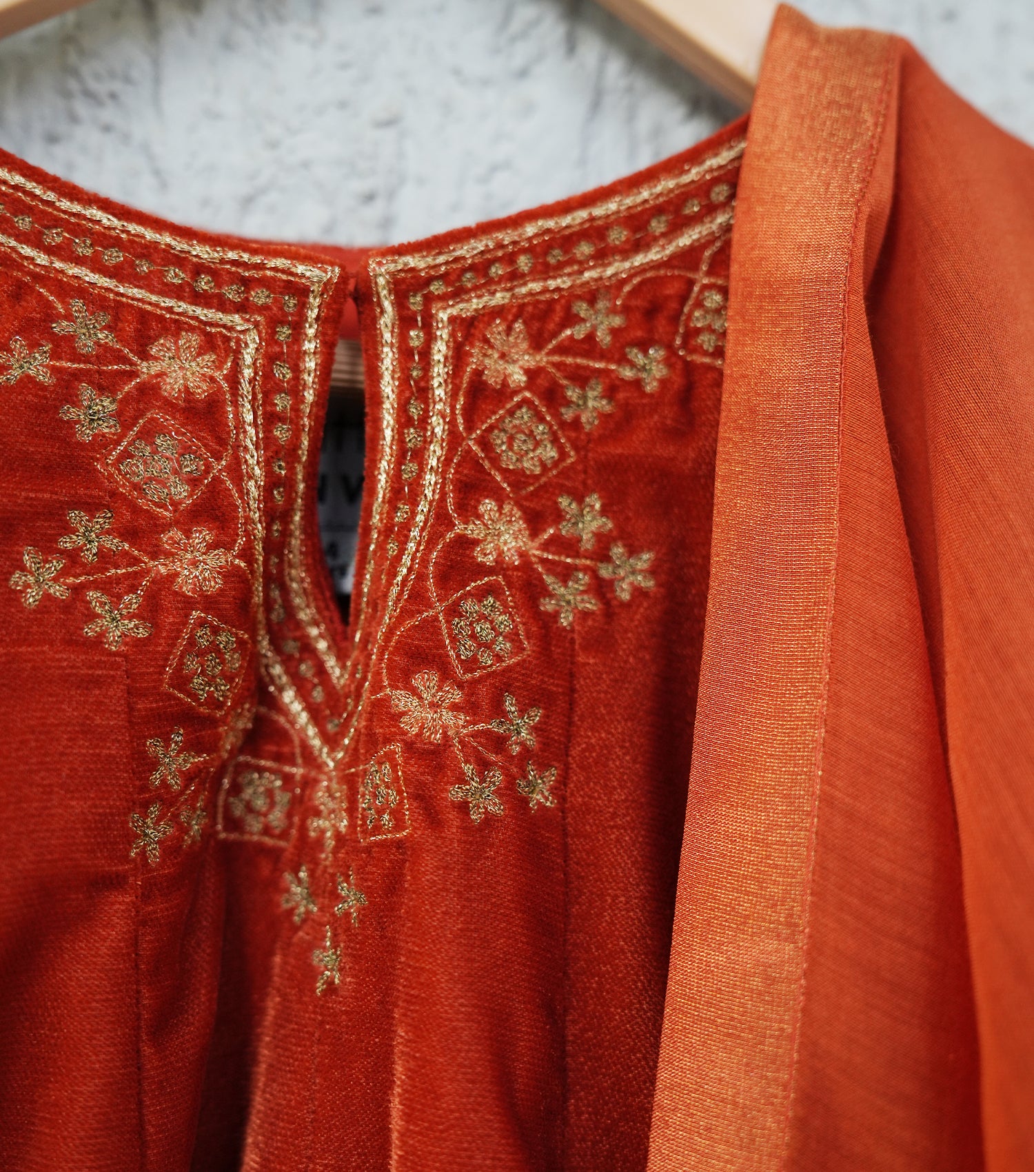 Rusty Orange Embroidered Velvet A-line Kurta Set with Pants & Dupatta for Girls