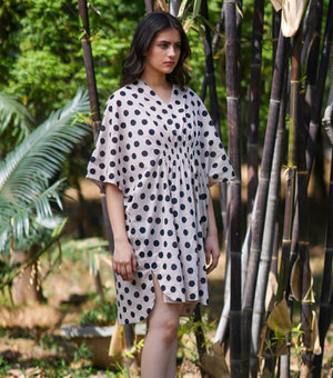 Ivory Black Polka Dot Printed Cotton Kaftan