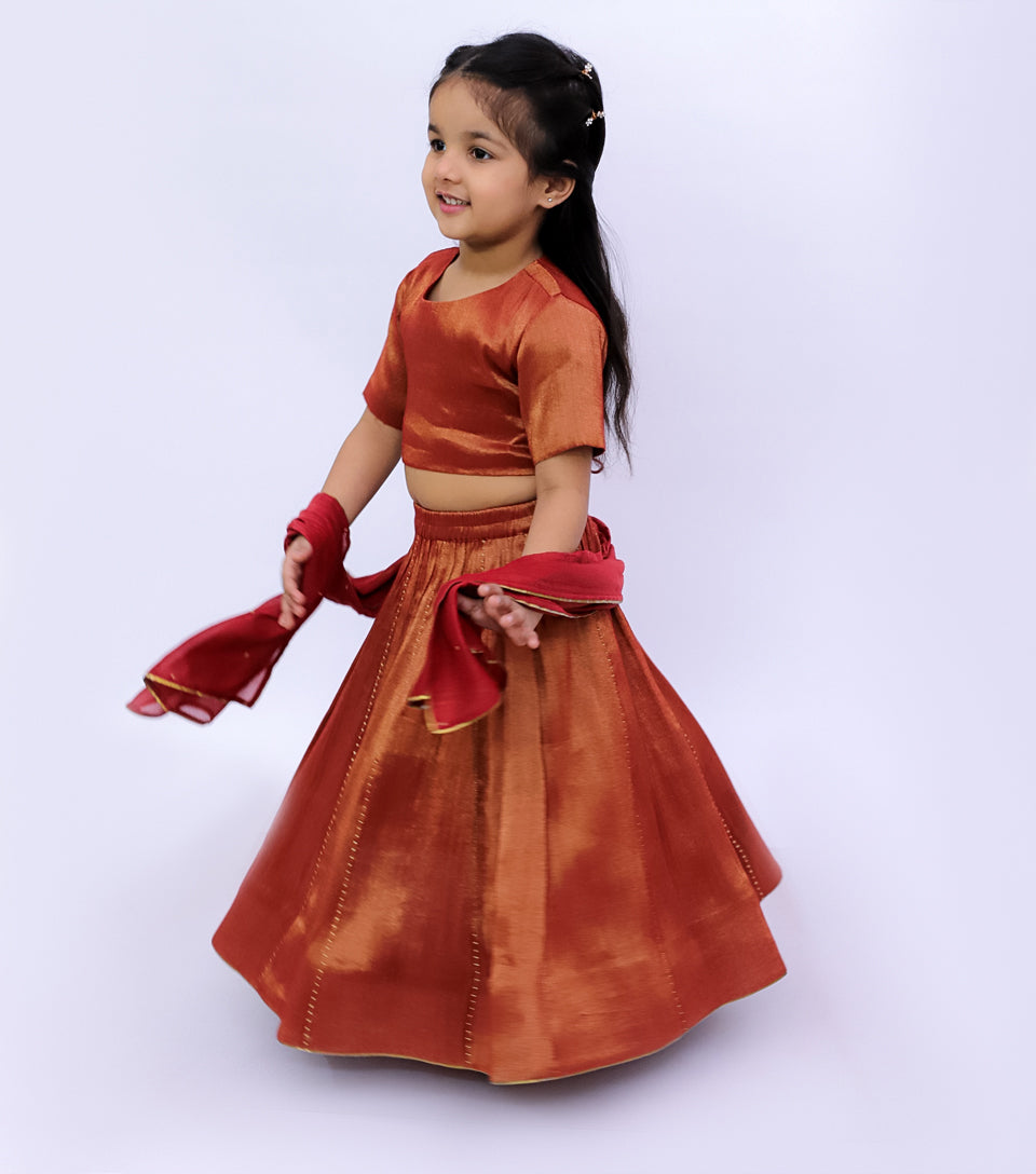 Rusty Orange Tissue Lehenga Set with Blouse & Dupatta for Girls