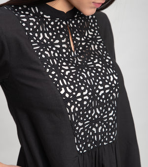 Black Cotton Midi Dress With Thread Cut Work Yoke