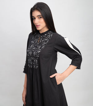 Black Cotton Midi Dress With Thread Cut Work Yoke