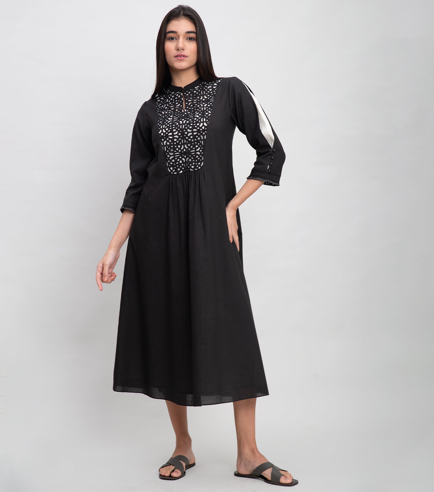 Black Cotton Midi Dress With Thread Cut Work Yoke