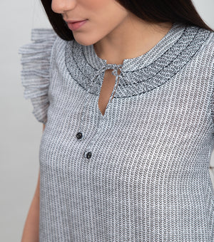 White Cotton Printed Mini Dress With Thread Detail on Neck & Frill Sleeve