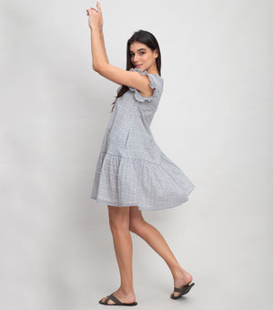 White Cotton Printed Mini Dress With Thread Detail on Neck & Frill Sleeve