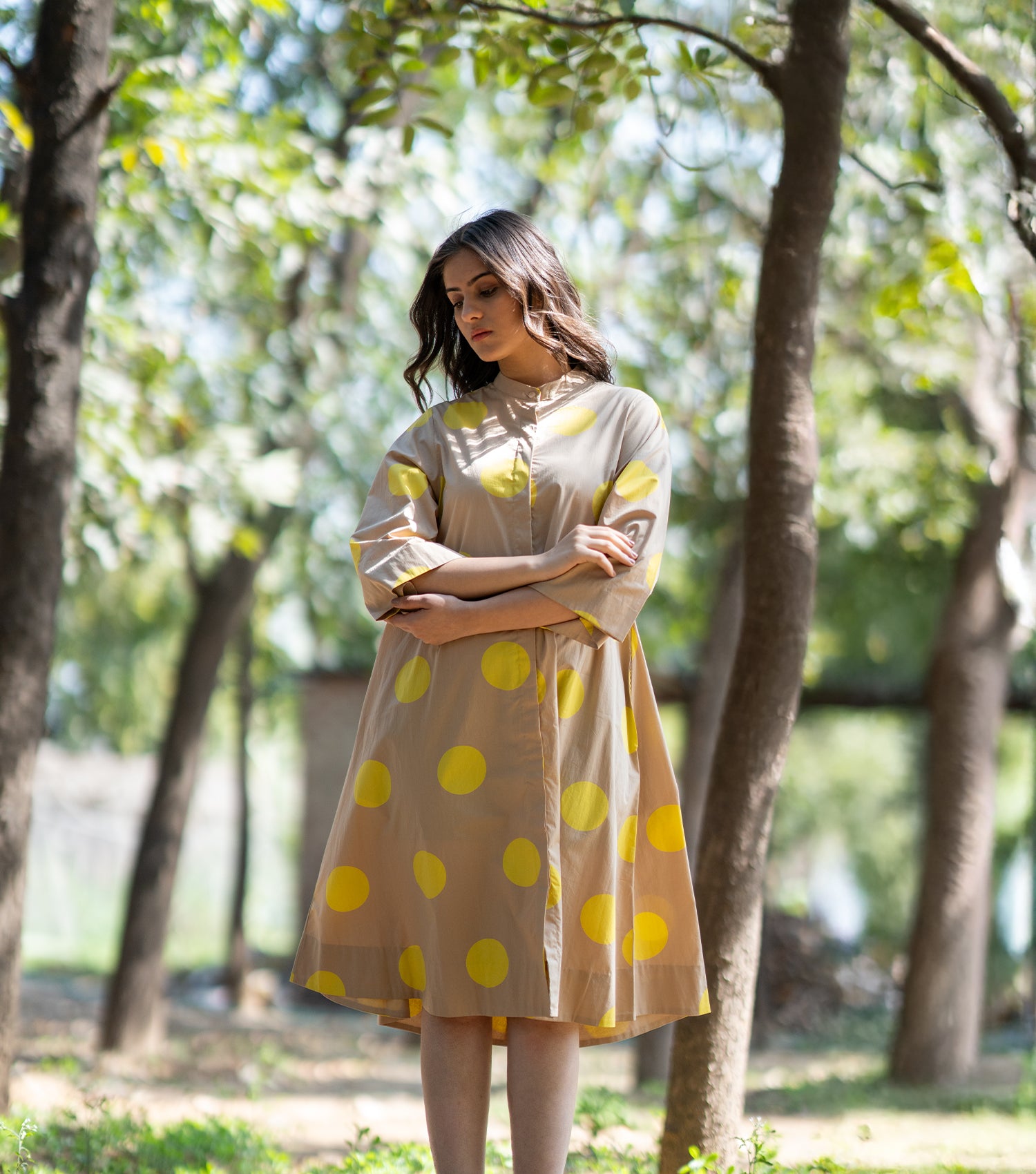 Beige and Yellow Polka Cotton Shirt Dress