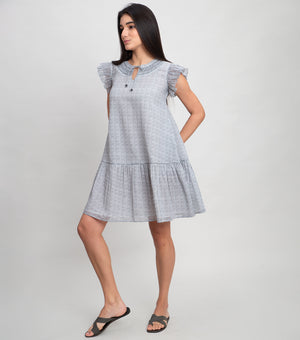 White Cotton Printed Mini Dress With Thread Detail on Neck & Frill Sleeve