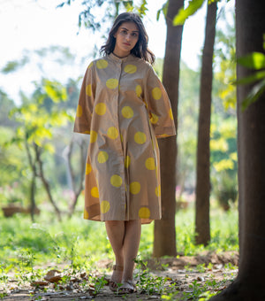 Beige and Yellow Polka Cotton Shirt Dress