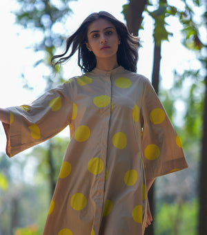 Beige and Yellow Polka Cotton Shirt Dress