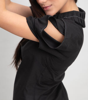Black Cotton Pleated Collar Top With Hand Stitch