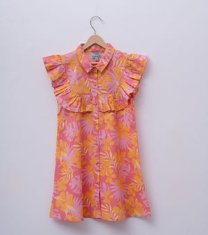 Peach Orange Cotton Printed Dress for Girls