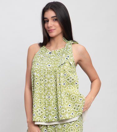 Green Cotton Printed Top with Pintucks & Halter Neck