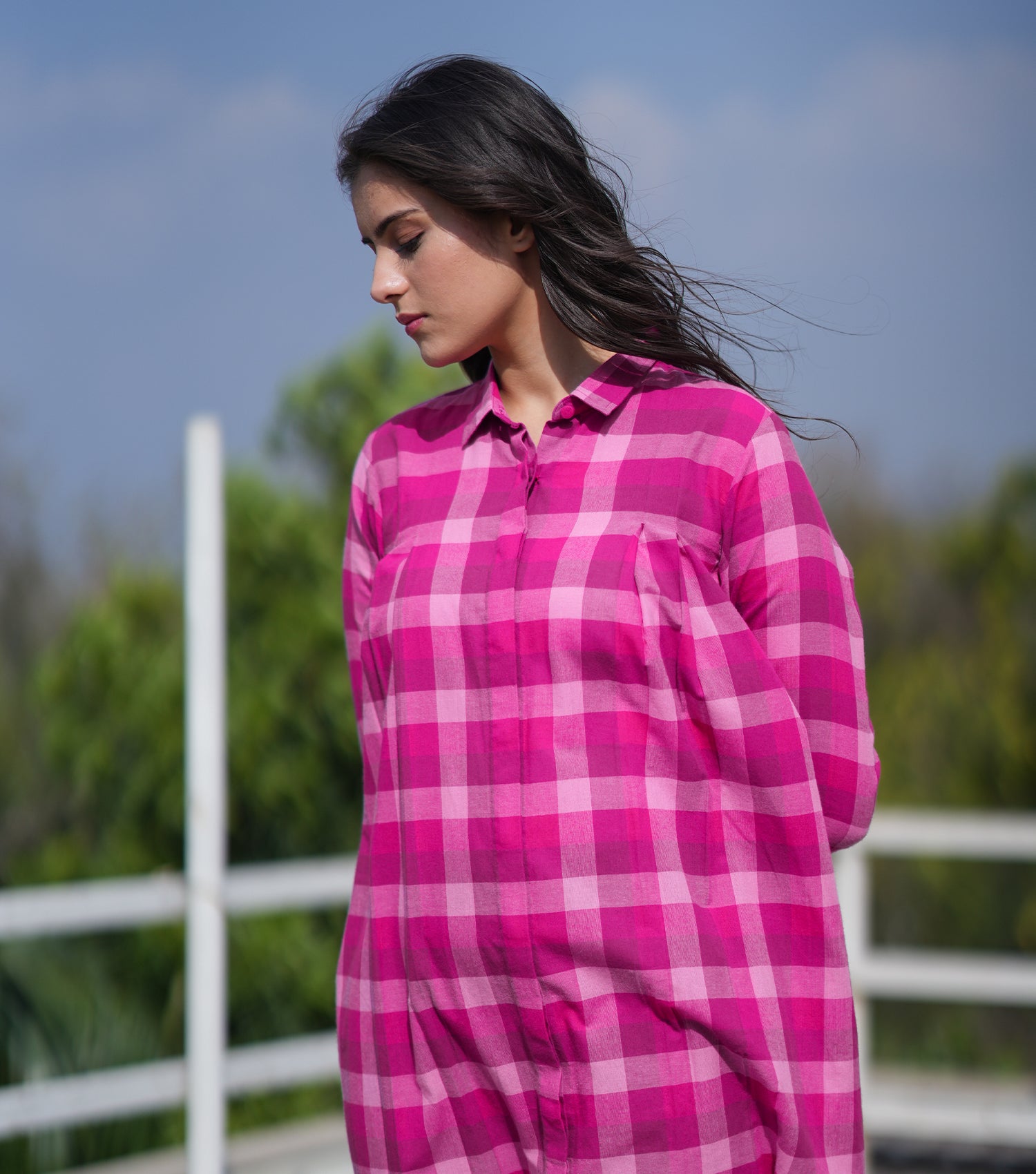 Magenta Pink Woven Cotton Shirt Dress