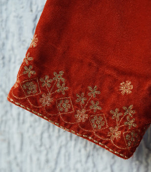 Rusty Orange Embroidered Velvet A-line Kurta Set with Pants & Dupatta for Girls