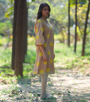 Beige and Yellow Polka Cotton Shirt Dress