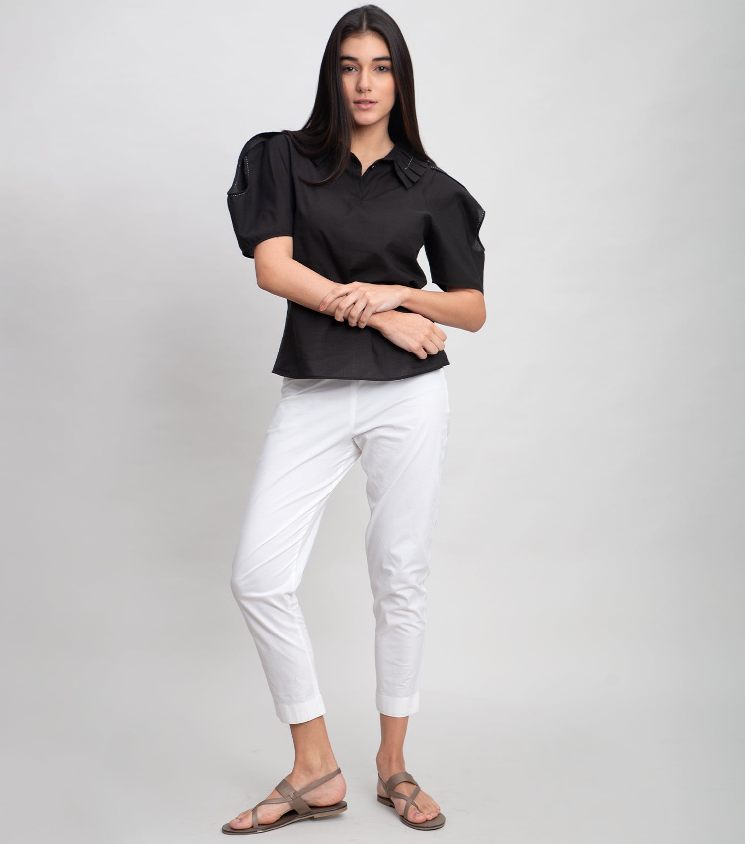 Black Cotton Pleated Collar Top With Hand Stitch