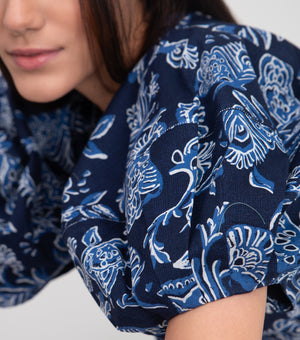 Navy Cotton Printed Top with Balloon Sleeve & Stitch line on Neck