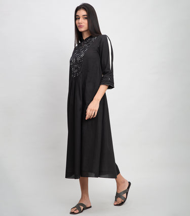 Black Cotton Midi Dress With Thread Cut Work Yoke