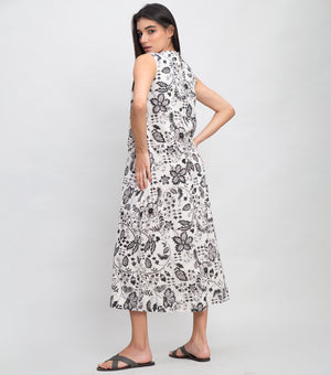 White Black Cotton Printed Midi Dress With Thread Embroidery On Yoke