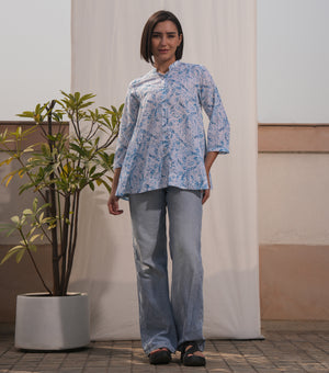Blue Bloom Printed Cotton Shirt