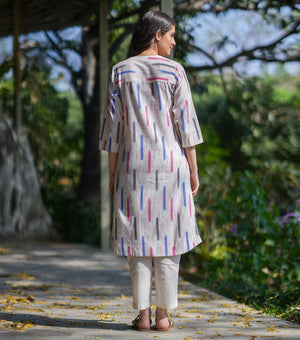 Multicolored Woven Cotton Ikat Kurta Set