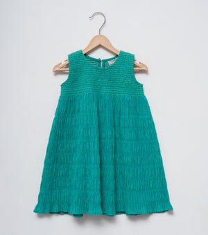 Green Smocked Cotton Dress For Girls