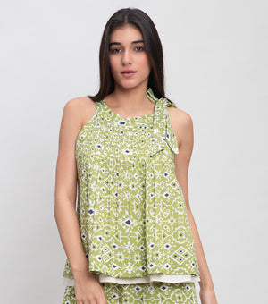 Green Cotton Printed Top with Pintucks & Halter Neck