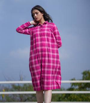 Magenta Pink Woven Cotton Shirt Dress
